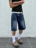 Low Rise Raw Hem Straight Leg Denim Jorts Streetwear