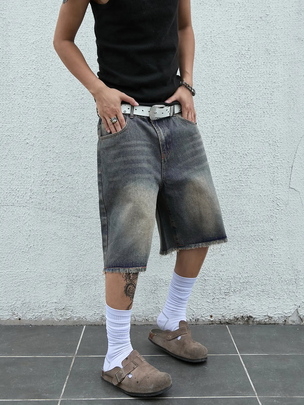 Low Rise Raw Hem Straight Leg Denim Jorts Streetwear