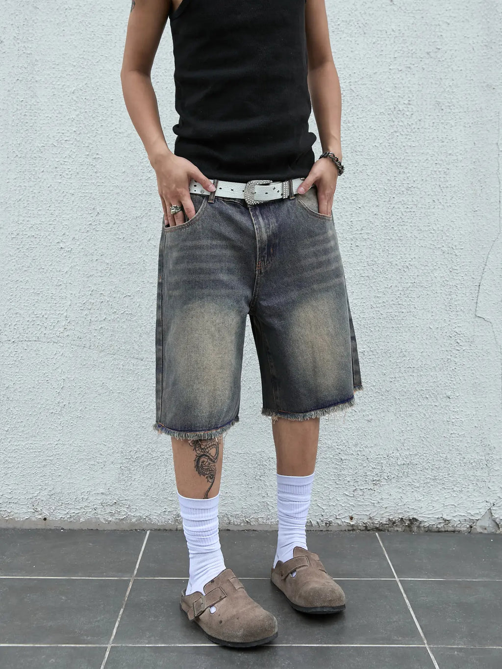 Low Rise Raw Hem Straight Leg Denim Jorts Streetwear