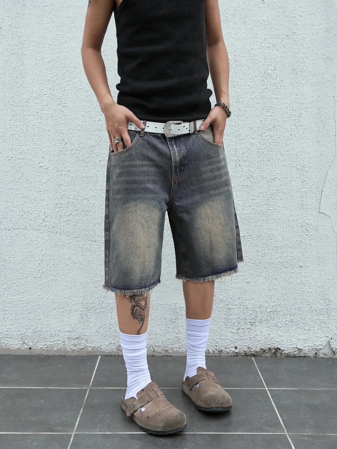 Low Rise Raw Hem Straight Leg Denim Jorts Streetwear