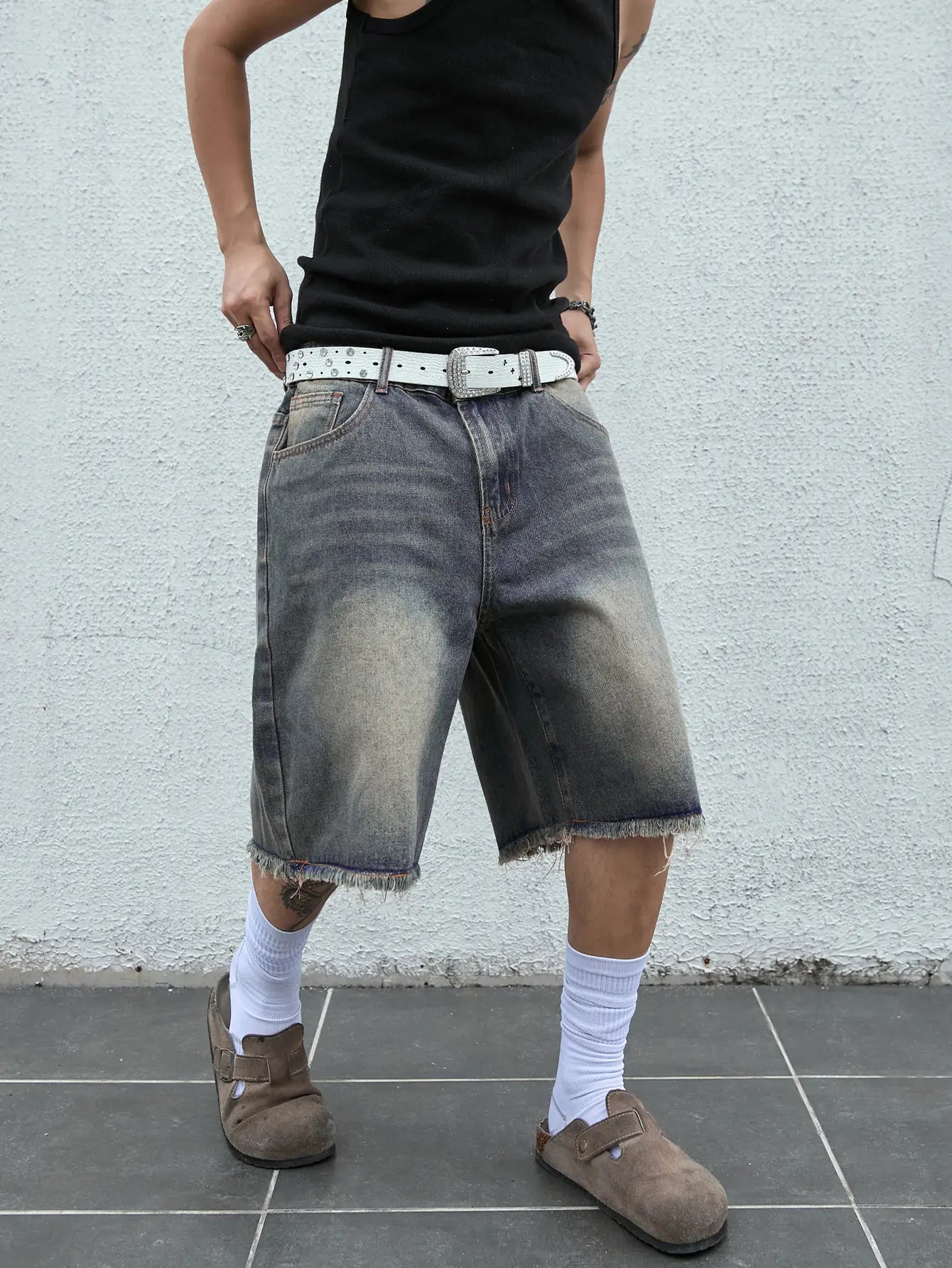 Low Rise Raw Hem Straight Leg Denim Jorts Streetwear