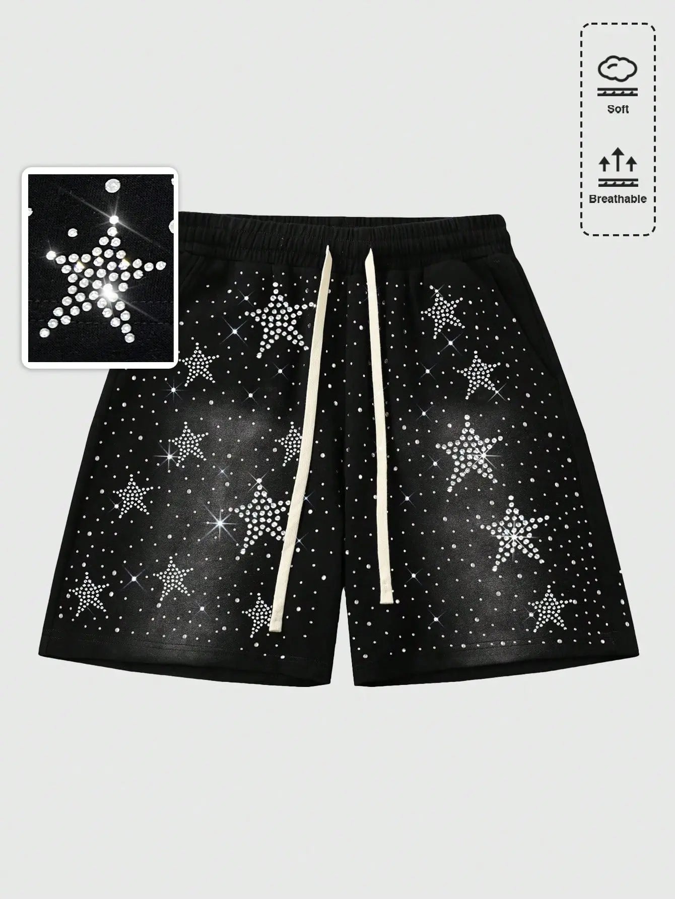 Unisex Y2k Rhinestone Shorts Drawstring Elastic Waist Summer Streetwear Shorts with Pockets