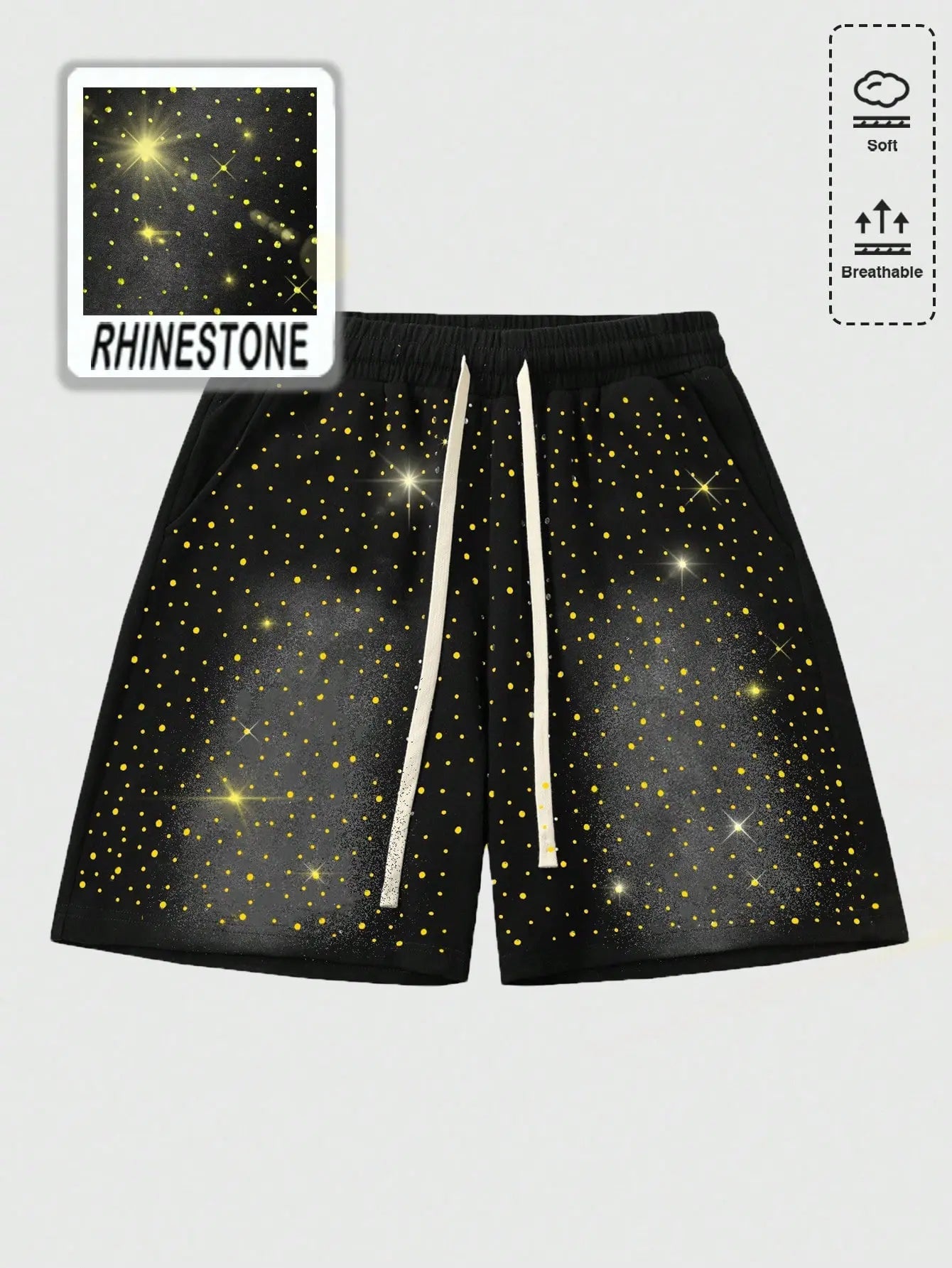 Unisex Y2k Rhinestone Shorts Drawstring Elastic Waist Summer Streetwear Shorts with Pockets