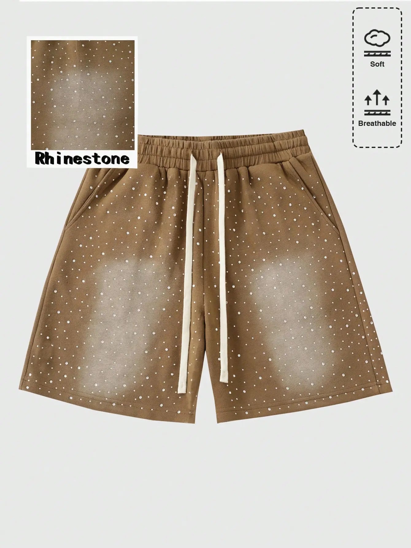 Unisex Y2k Rhinestone Shorts Drawstring Elastic Waist Summer Streetwear Shorts with Pockets