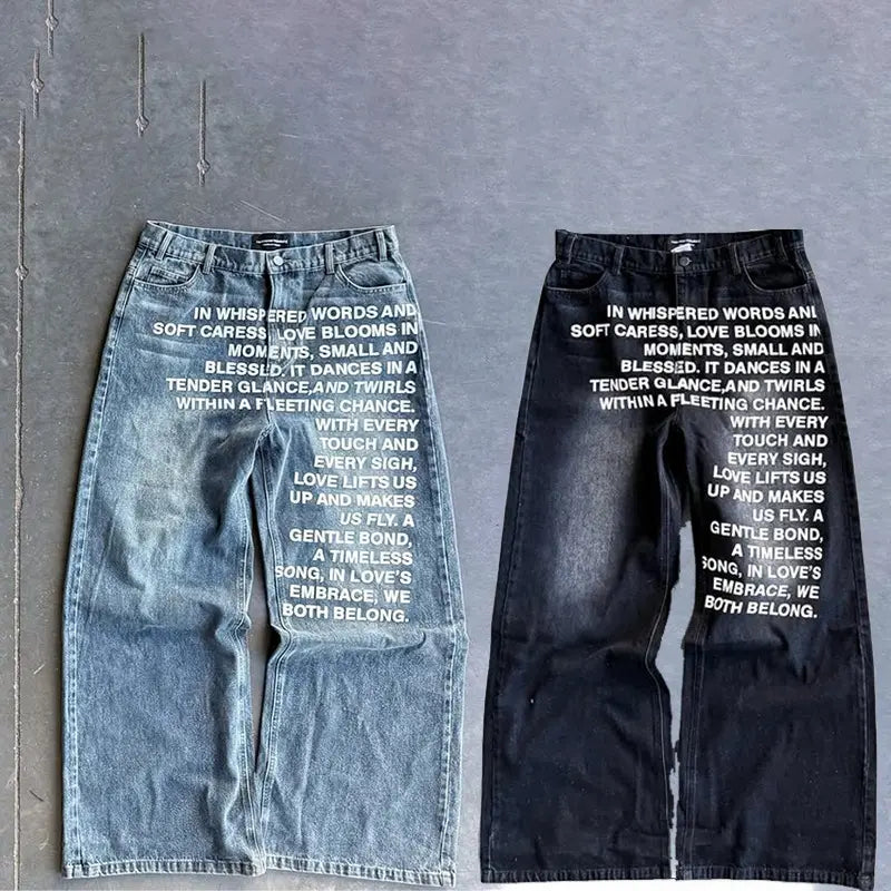 Y2K Vintage Washed Printed Baggy Wide Leg Jeans