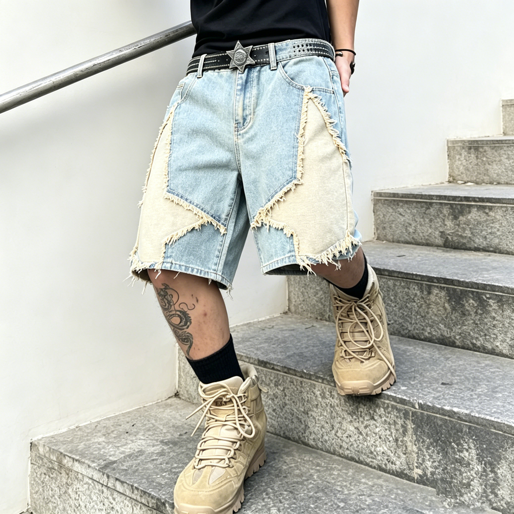 Star Pattern Frayed Hem Wide Leg Denim Jorts
