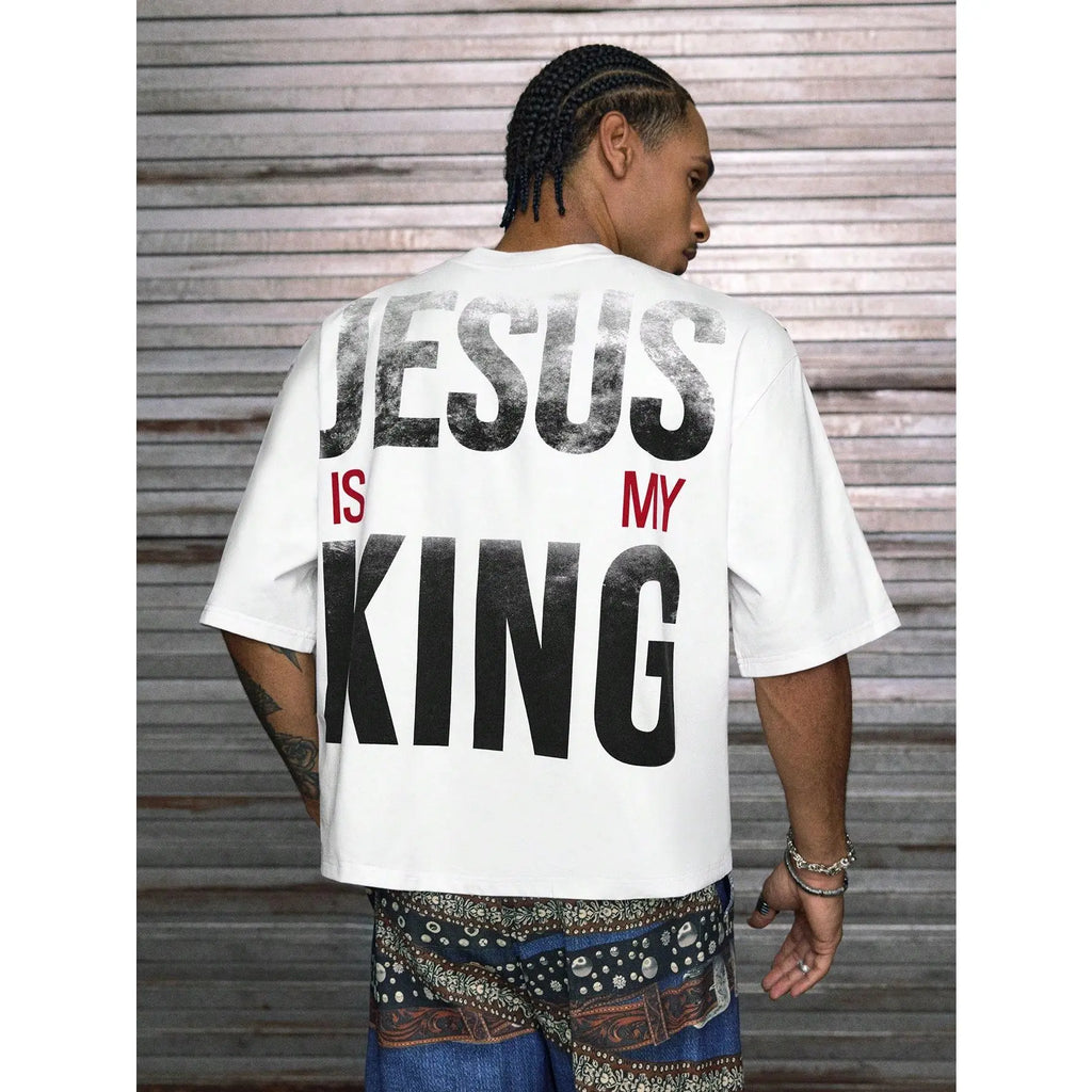 Jesus Is My King Patchwork Cropped V-Neck Short Sleeve Tee