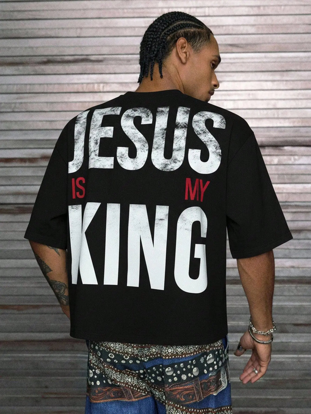 Jesus Is My King Patchwork Cropped V-Neck Short Sleeve Tee