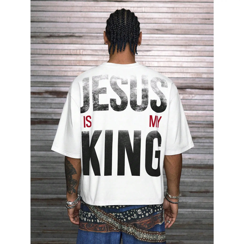Jesus Is My King Patchwork Cropped V-Neck Short Sleeve Tee
