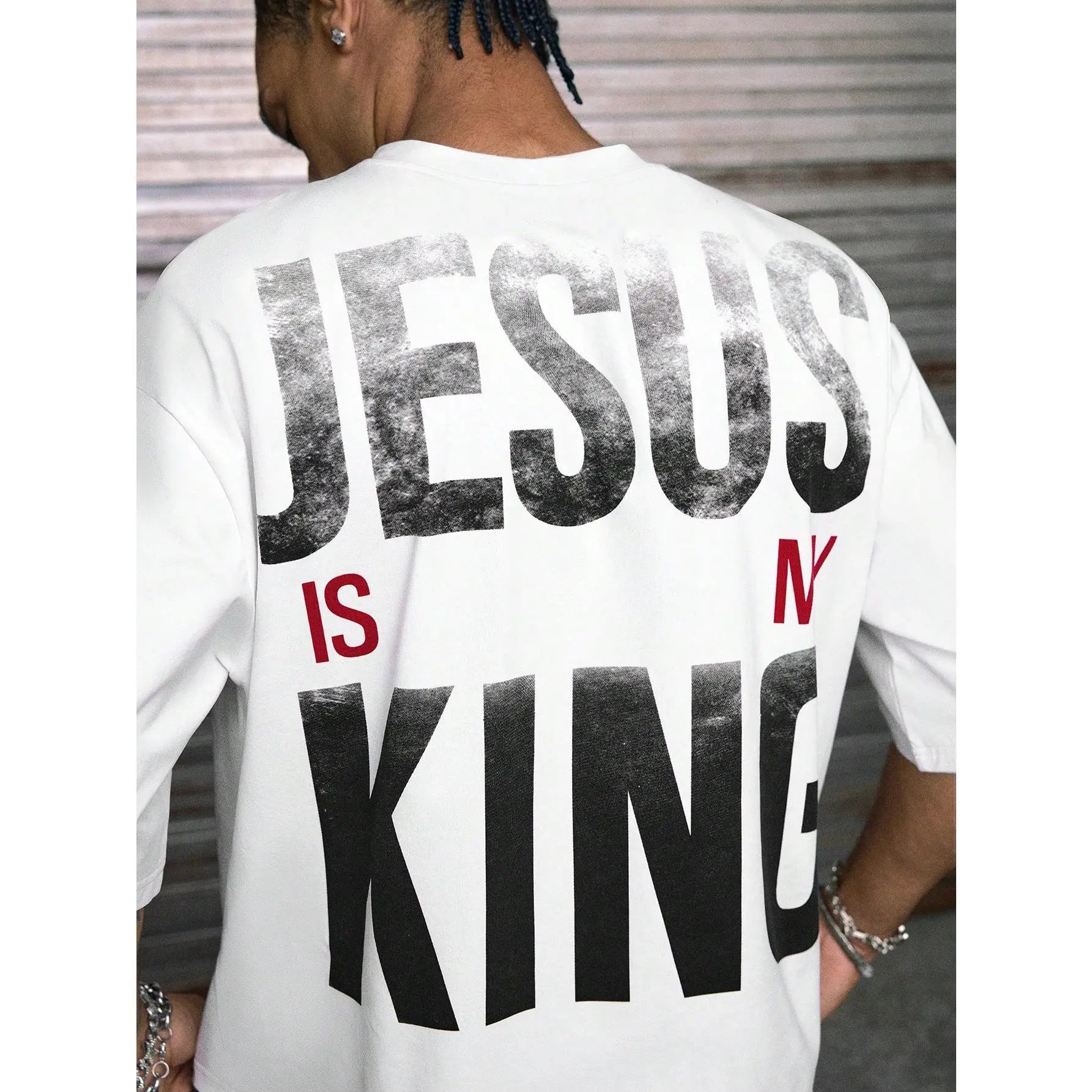 【Order Size Up】Jesus Is My King Printed Patchwork Cropped V-Neck Short Sleeve T-Shirt, Multi Sizes For Men, Streetwear Fit