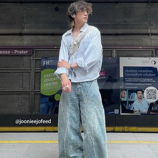 Mens Jeans Fringe Patchwork Loose Fit Jean Pants Casual Unisex Wide Leg Y2k Vintage Denim Pant Streetwear