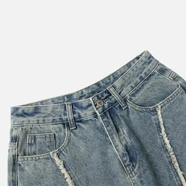 Y2K Fringe Patchwork Loose Wide Leg Denim Jeans Unisex