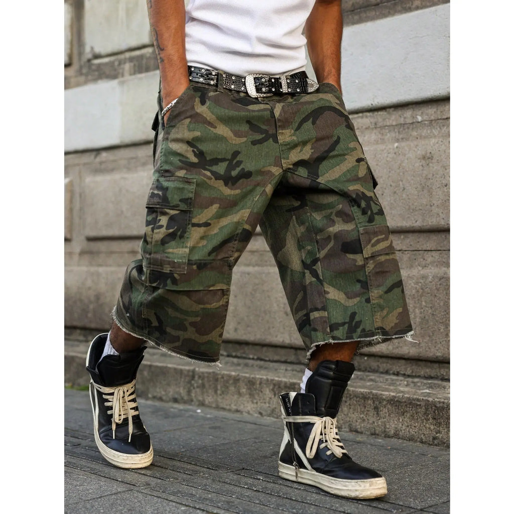 Casual Cargo Camo Frayed Hem Loose Denim Shorts Streetwear