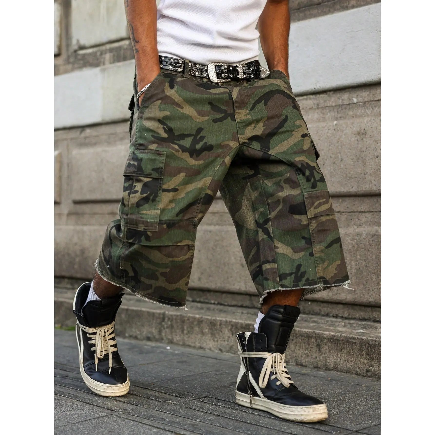 Casual Cargo Camo Frayed Hem Loose Denim Shorts Streetwear