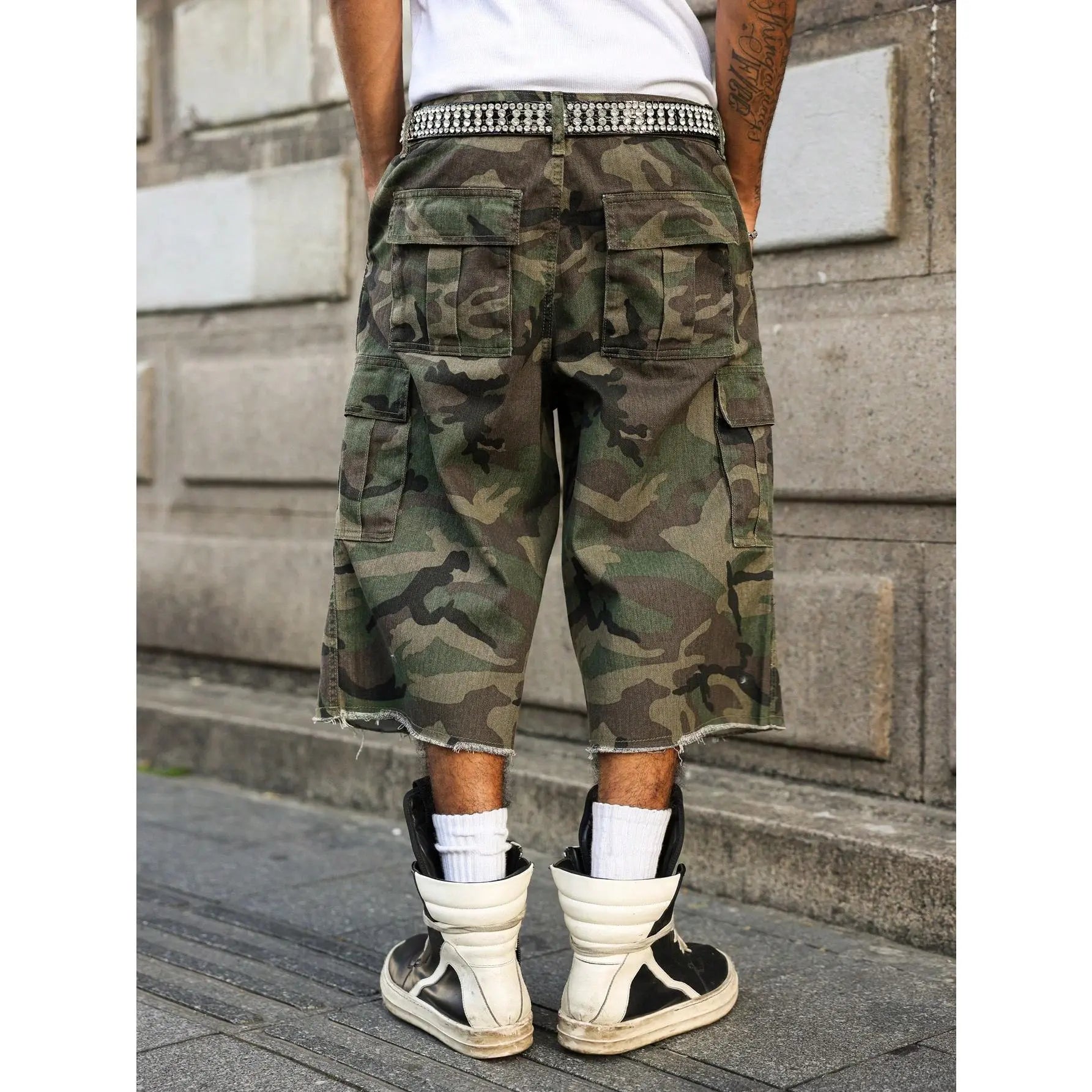 Casual Cargo Camo Frayed Hem Loose Denim Shorts Streetwear