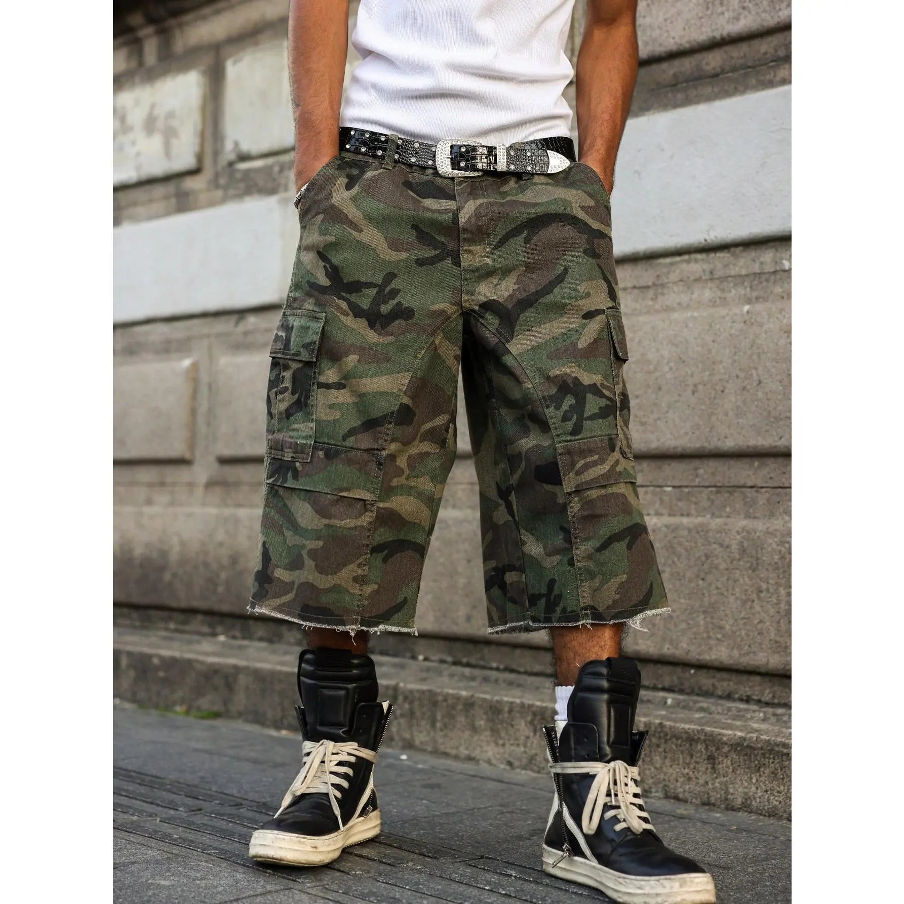 Casual Cargo Camo Frayed Hem Loose Denim Shorts Streetwear