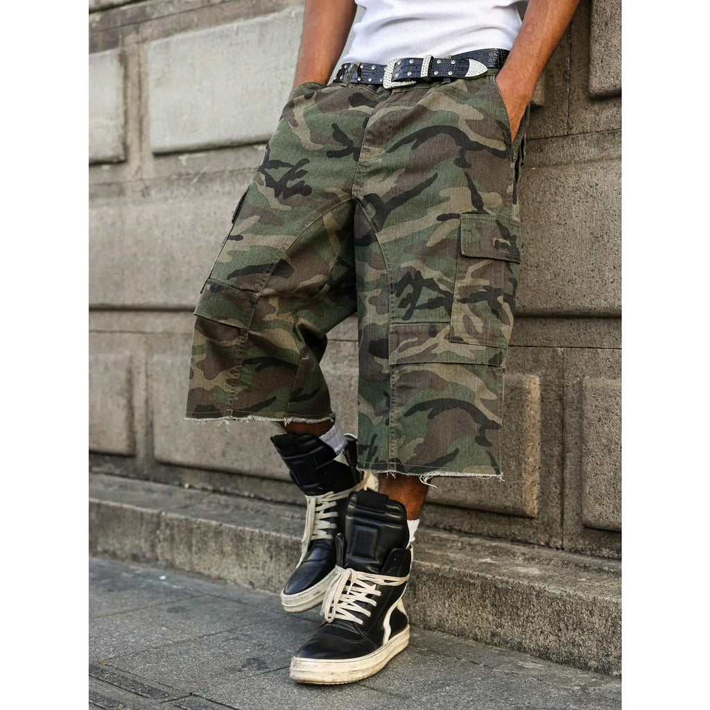 Casual Cargo Camo Frayed Hem Loose Denim Shorts Streetwear