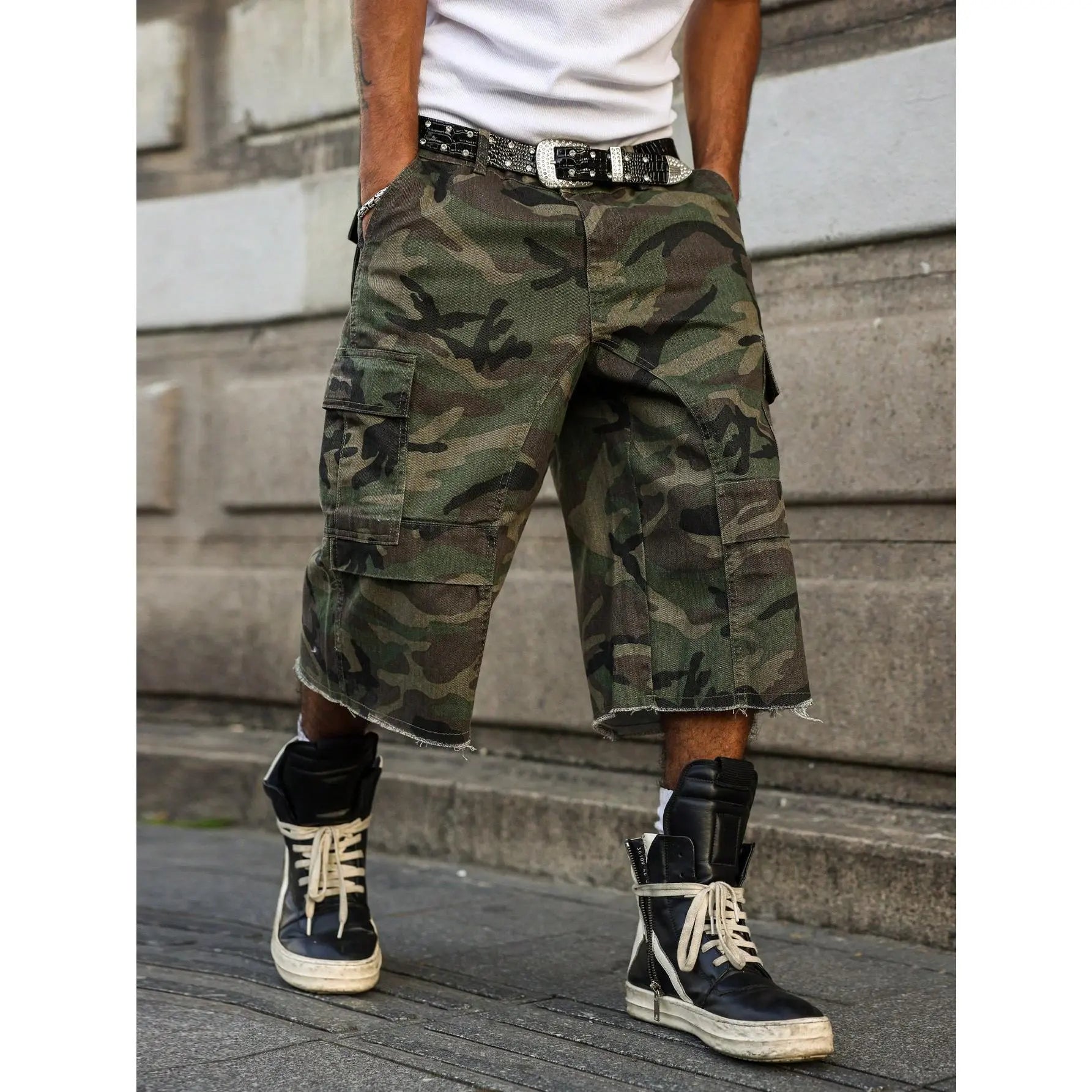 Casual Cargo Camo Frayed Hem Loose Denim Shorts Streetwear