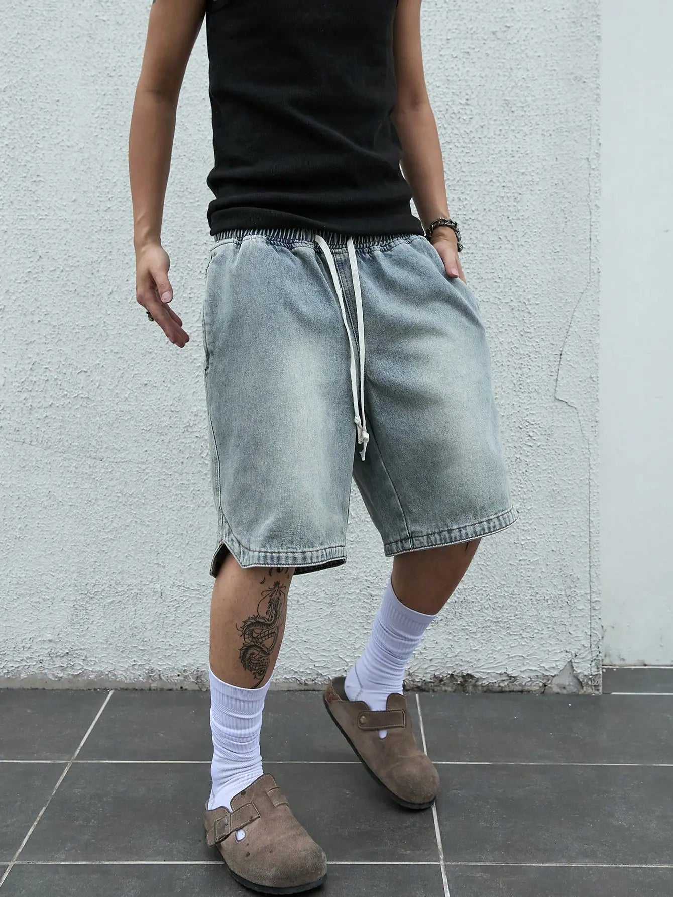 Drawstring Elastic Waist Loose Five Pocket Denim Shorts