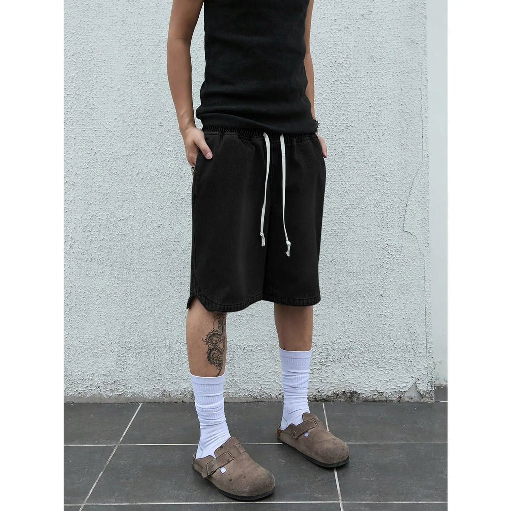 Drawstring Elastic Waist Loose Five Pocket Denim Shorts