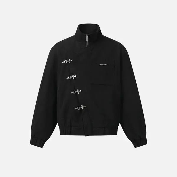 Boxy Jacket Long Sleeve Stand Collar Metal Button Slant Placket Retro Y2K Unisex Streetwear Casual Jacket