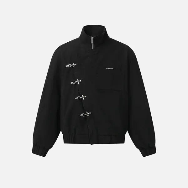 Boxy Jacket Long Sleeve Stand Collar Metal Button Slant Placket Retro Y2K Unisex Streetwear Casual Jacket