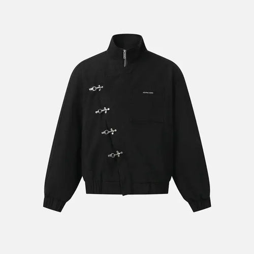 Boxy Jacket Long Sleeve Stand Collar Metal Button Slant Placket Retro Y2K Unisex Streetwear Casual Jacket