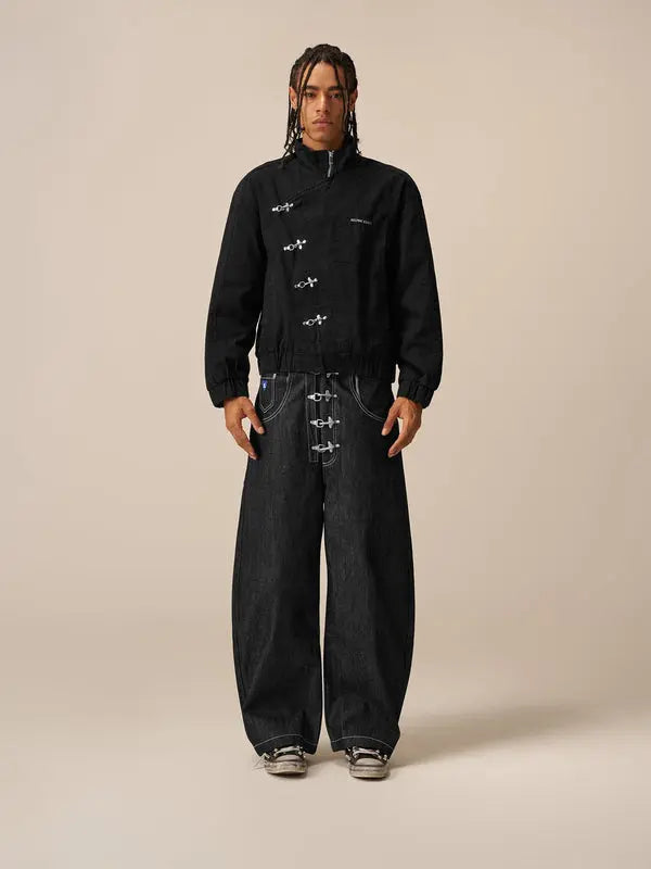 Boxy Jacket Long Sleeve Stand Collar Metal Button Slant Placket Retro Y2K Unisex Streetwear Casual Jacket