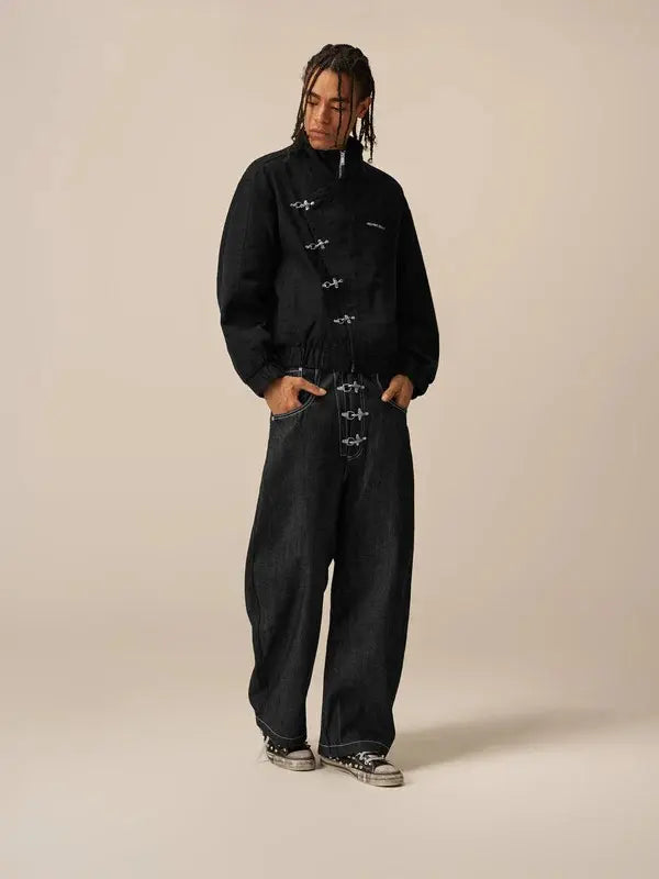 Boxy Jacket Long Sleeve Stand Collar Metal Button Slant Placket Retro Y2K Unisex Streetwear Casual Jacket