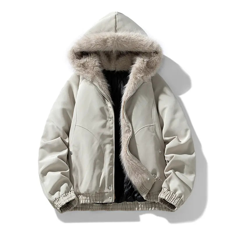 Men's Fur Collar Hooded Jacket Cotton Coat Winter Thick Warm Outerwear for Cold Weather Comfortable & Breathable
