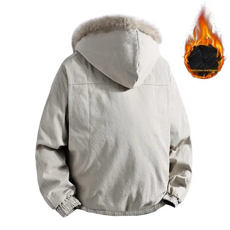 Men's Fur Collar Hooded Jacket Cotton Coat Winter Thick Warm Outerwear for Cold Weather Comfortable & Breathable