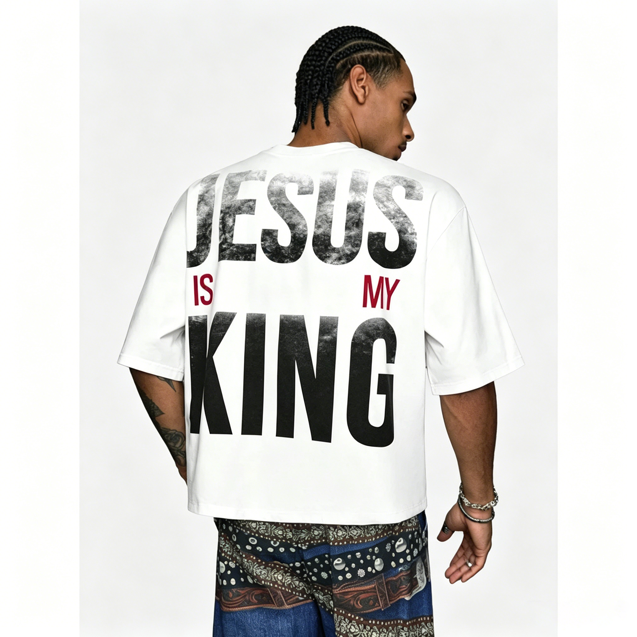 Jesus Is My King Patchwork Cropped V-Neck Short Sleeve Tee