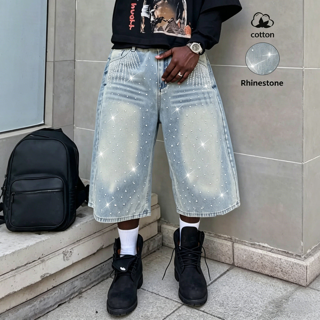 Letter Embroidered Rhinestone Seven-Quarter Denim Jeans