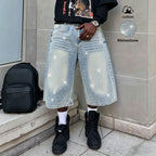 Letter Embroidered Rhinestone Seven-Quarter Denim Jeans