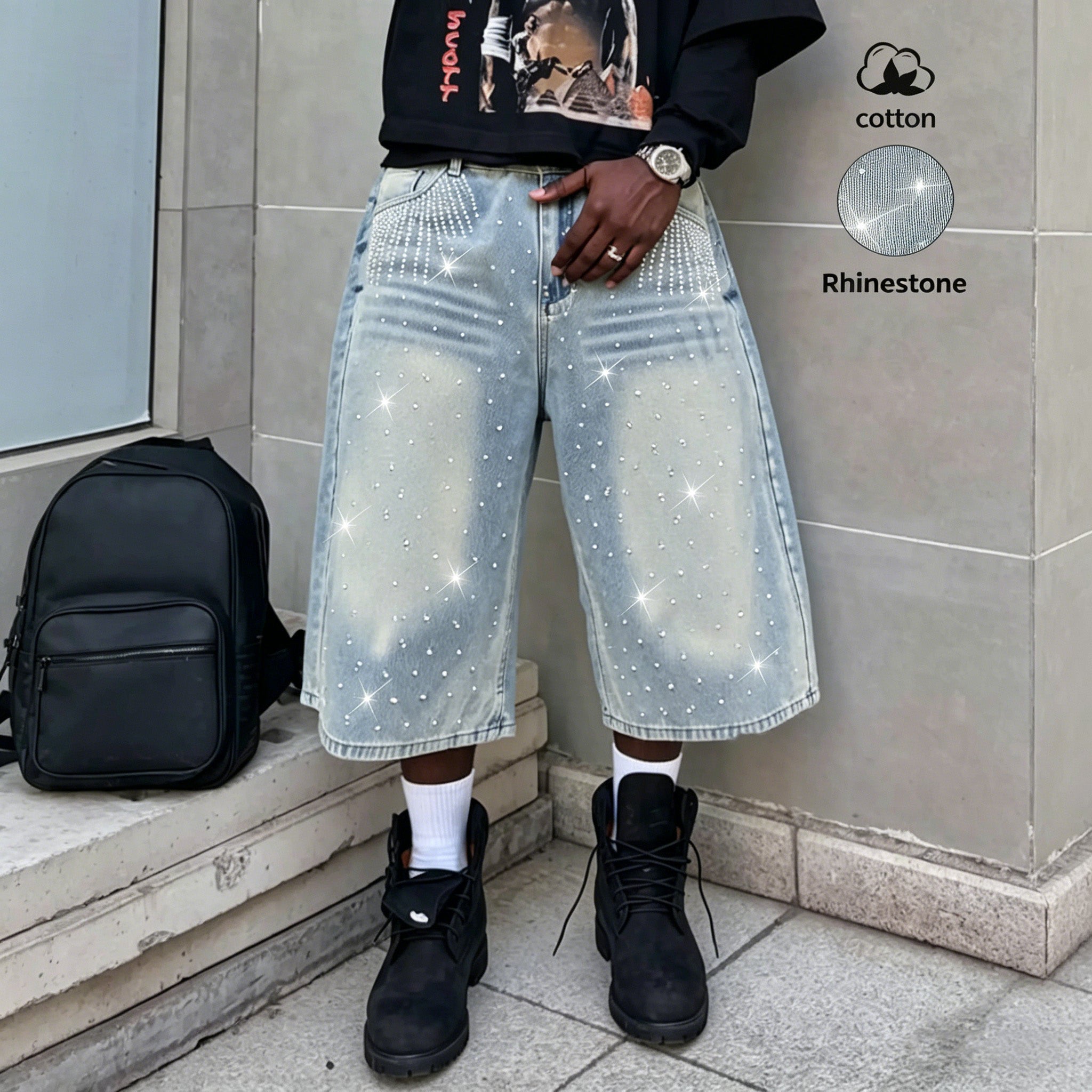Vintage Distressed Rhinestone Embroidered Casual Jeans, Seven-Quarter Jeans, Letter Embroidery, American Street Style, All Seasons