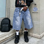 Letter Embroidered Rhinestone Seven-Quarter Denim Jeans