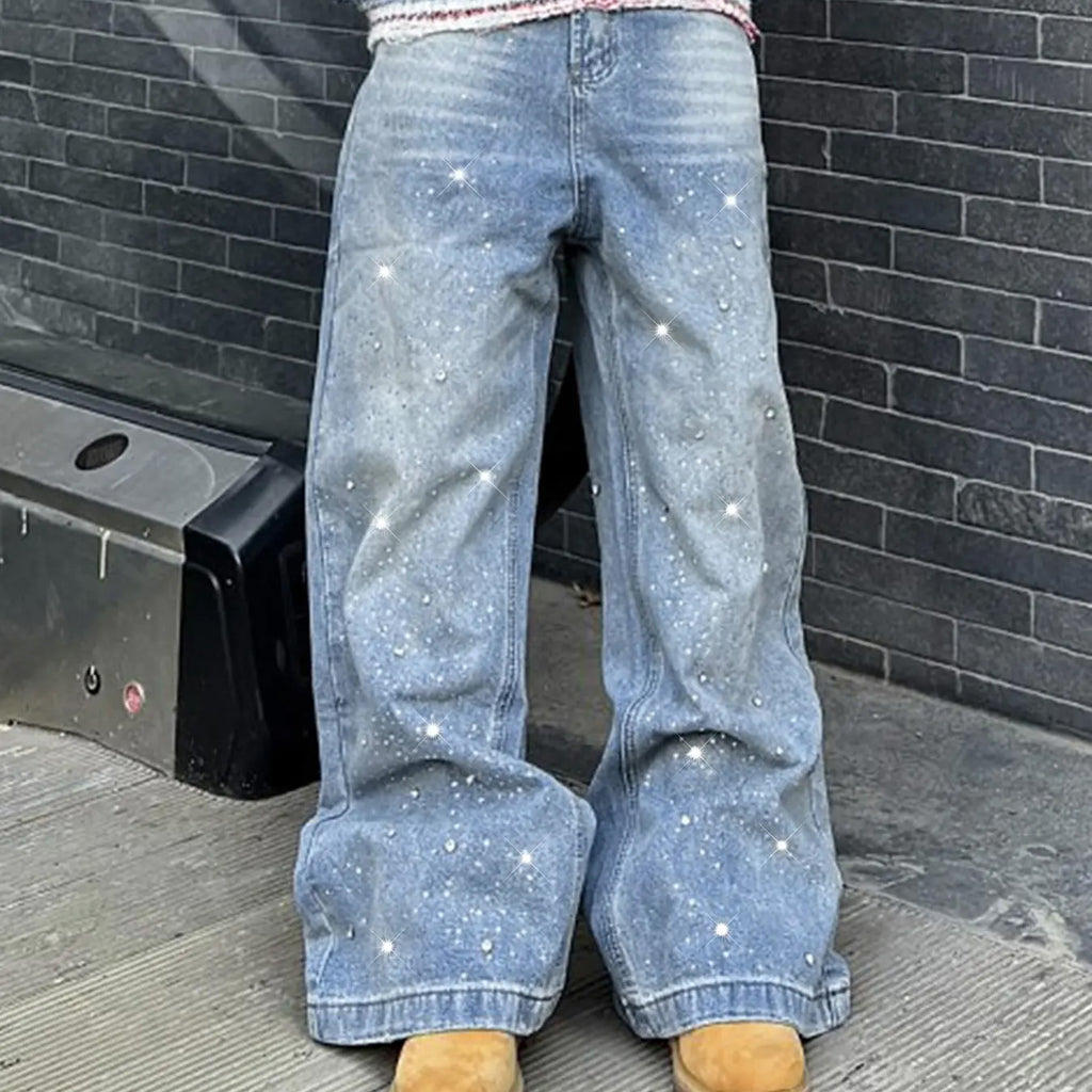 Men's Casual Streetwear Denim Jeans, Heavy Craft Jeans, Letter Embroidery Rhinestone Galaxy Design, High Waist Fitted Fashion Comfortable Men's Jeans Pants