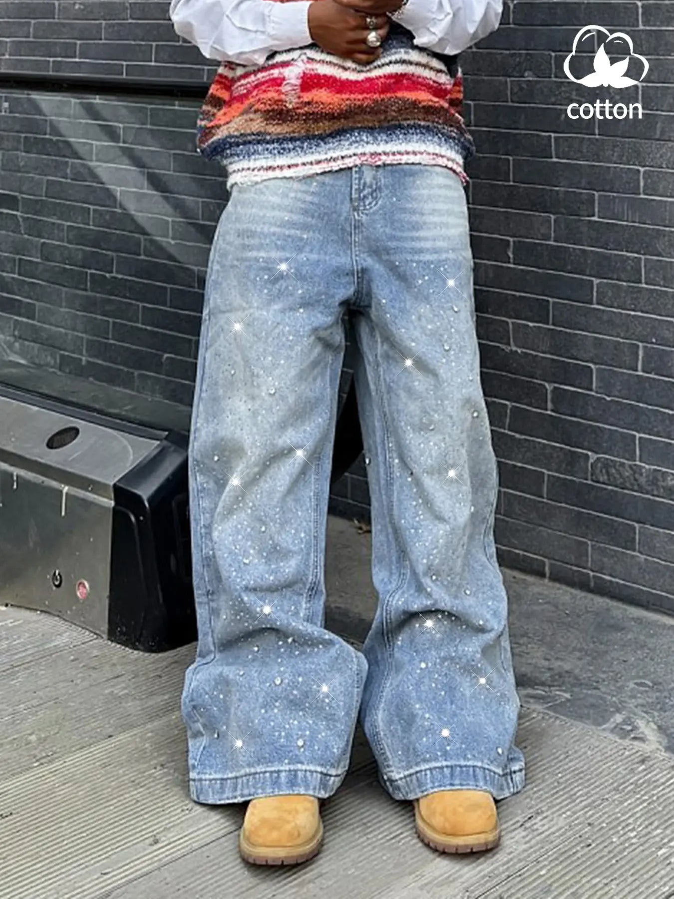 Men's Casual Streetwear Denim Jeans, Heavy Craft Jeans, Letter Embroidery Rhinestone Galaxy Design, High Waist Fitted Fashion Comfortable Men's Jeans Pants
