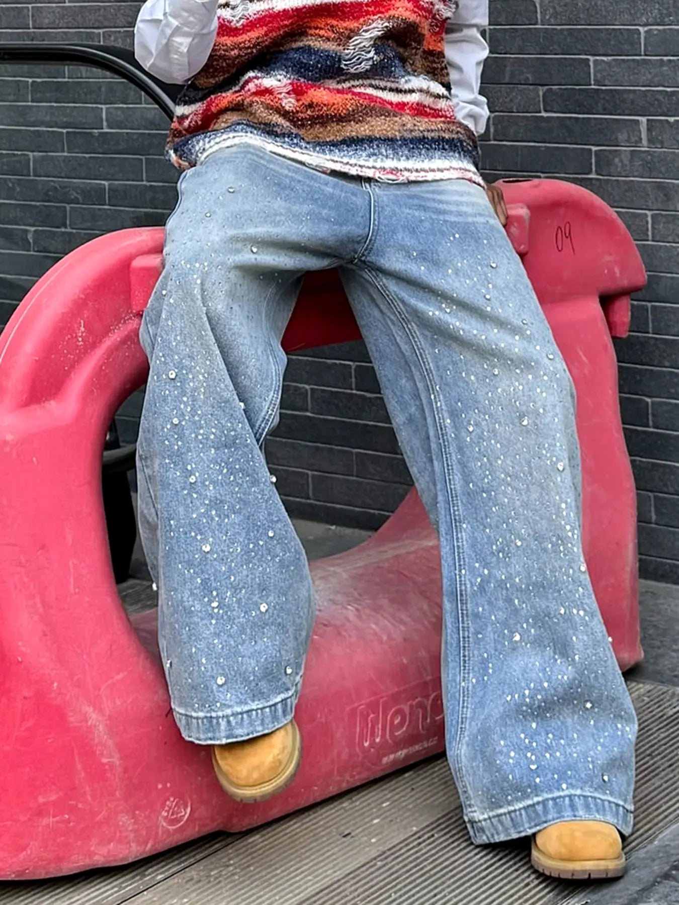 Men's Casual Streetwear Denim Jeans, Heavy Craft Jeans, Letter Embroidery Rhinestone Galaxy Design, High Waist Fitted Fashion Comfortable Men's Jeans Pants
