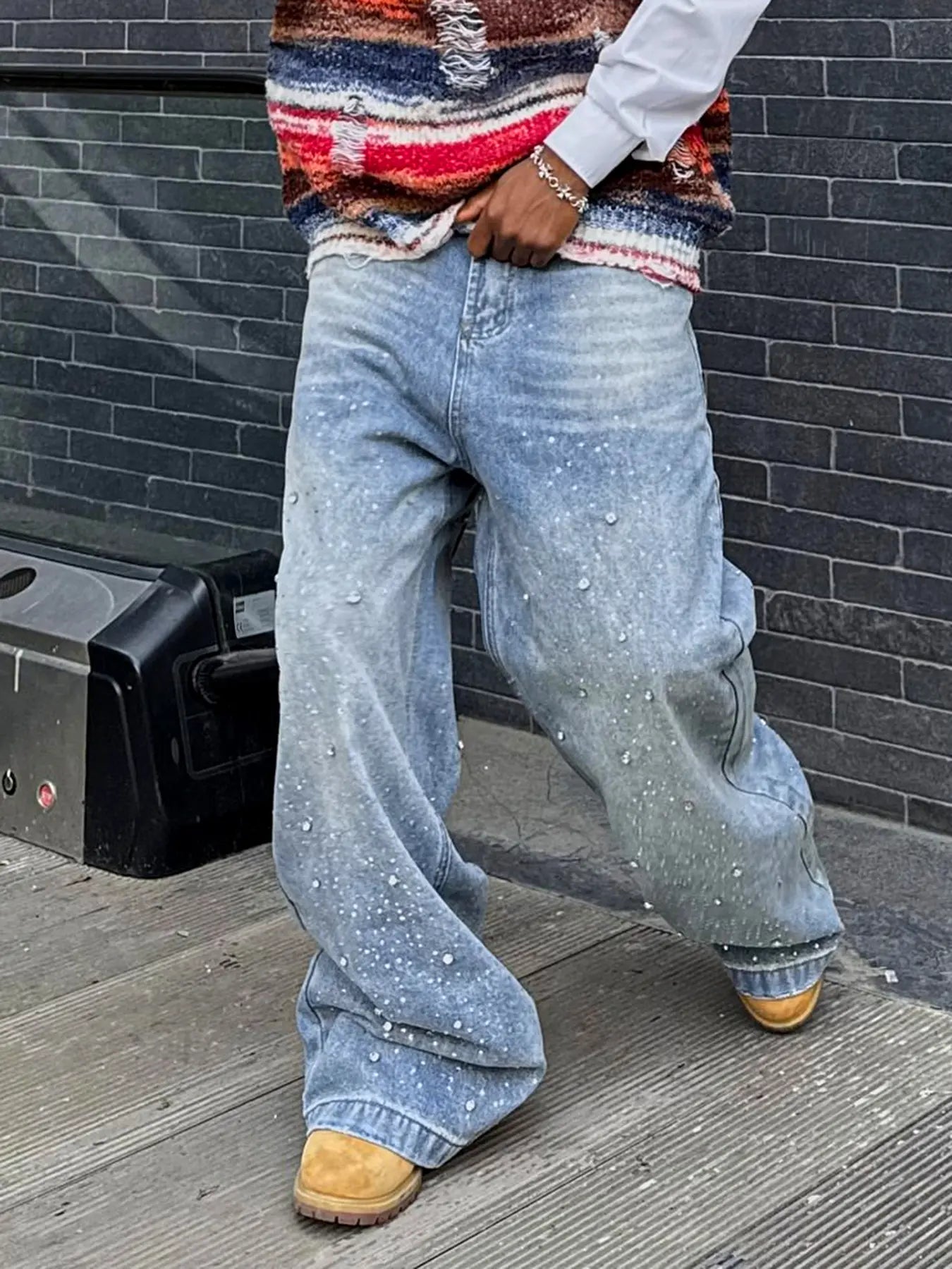 Men's Casual Streetwear Denim Jeans, Heavy Craft Jeans, Letter Embroidery Rhinestone Galaxy Design, High Waist Fitted Fashion Comfortable Men's Jeans Pants