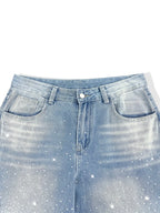 Letter Embroidery Rhinestone Galaxy High Waist Denim Jeans