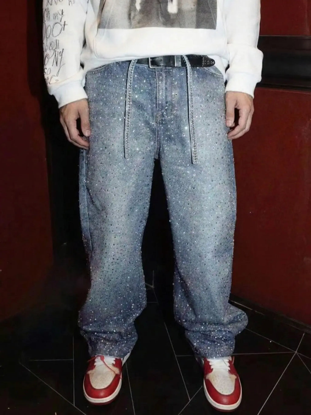 Men Light Blue Rhinestone Loose Jeans Bling Streetwear