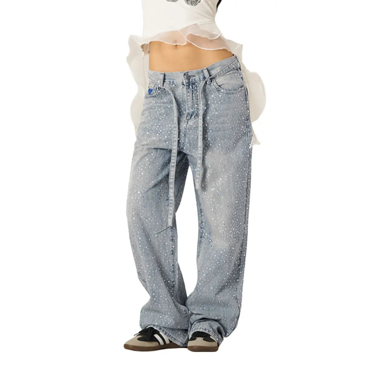 Rhinestone Jeans Y2K Wide Leg Pants Unisex Loose Oversized Trousers Casual Baggy Streetwear Denim Pants Pocket Clothes