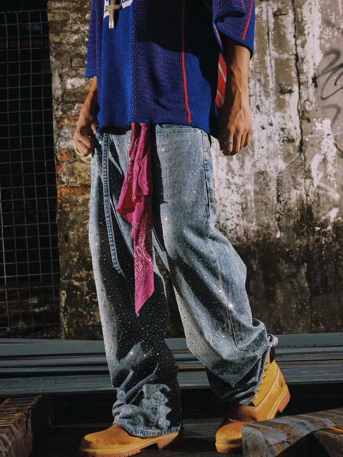 Rhinestone Jeans Y2K Wide Leg Pants Unisex Loose Oversized Trousers Casual Baggy Streetwear Denim Pants Pocket Clothes