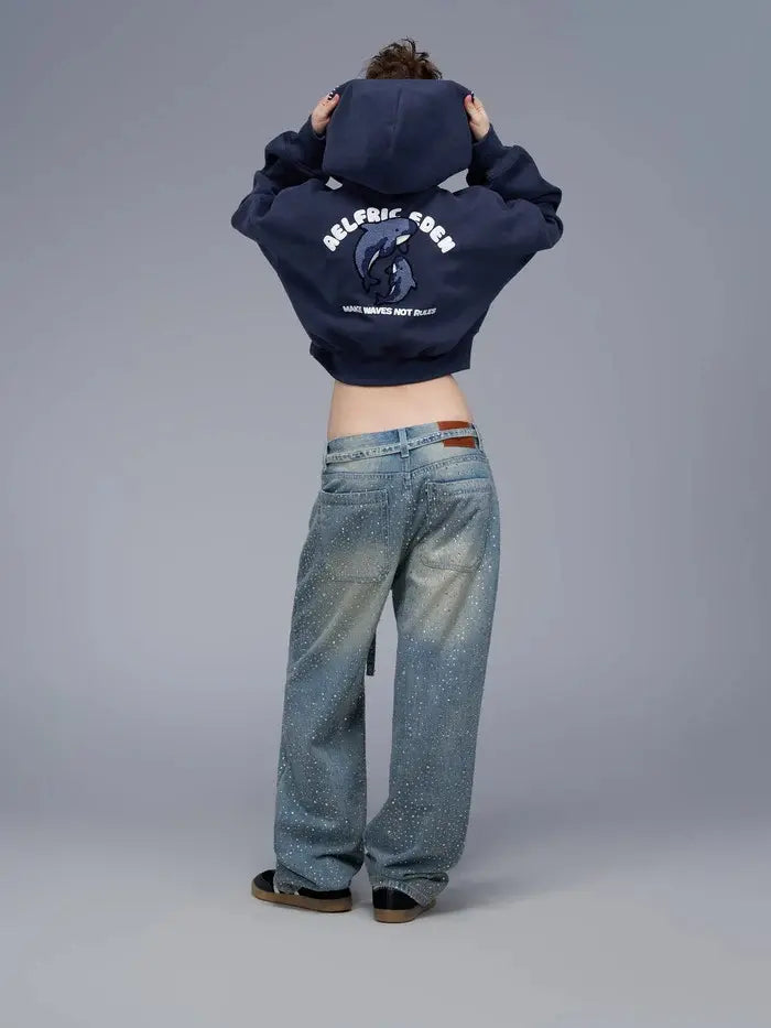 Rhinestone Jeans Y2K Wide Leg Pants Unisex Loose Oversized Trousers Casual Baggy Streetwear Denim Pants Pocket Clothes