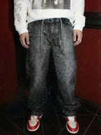 Men Light Blue Rhinestone Loose Jeans Bling Streetwear