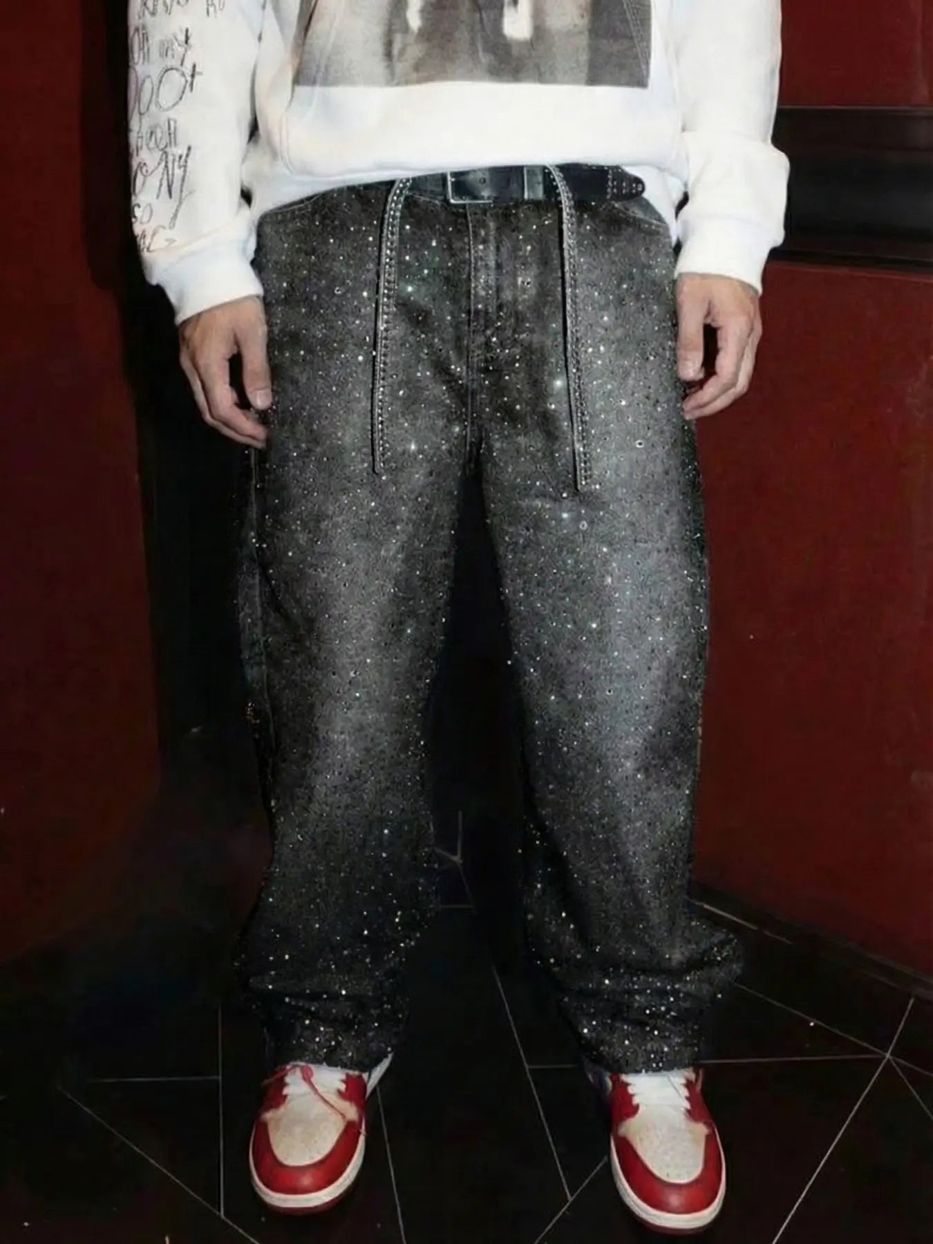 Men Light Blue Rhinestone Loose Jeans Bling Streetwear