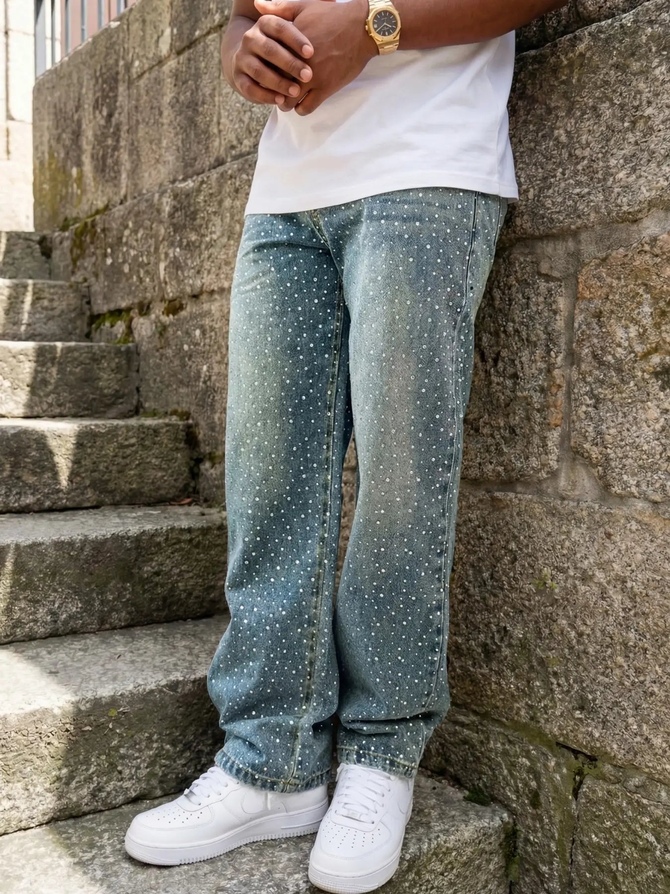 Men Light Blue Rhinestone Loose Jeans Bling Streetwear