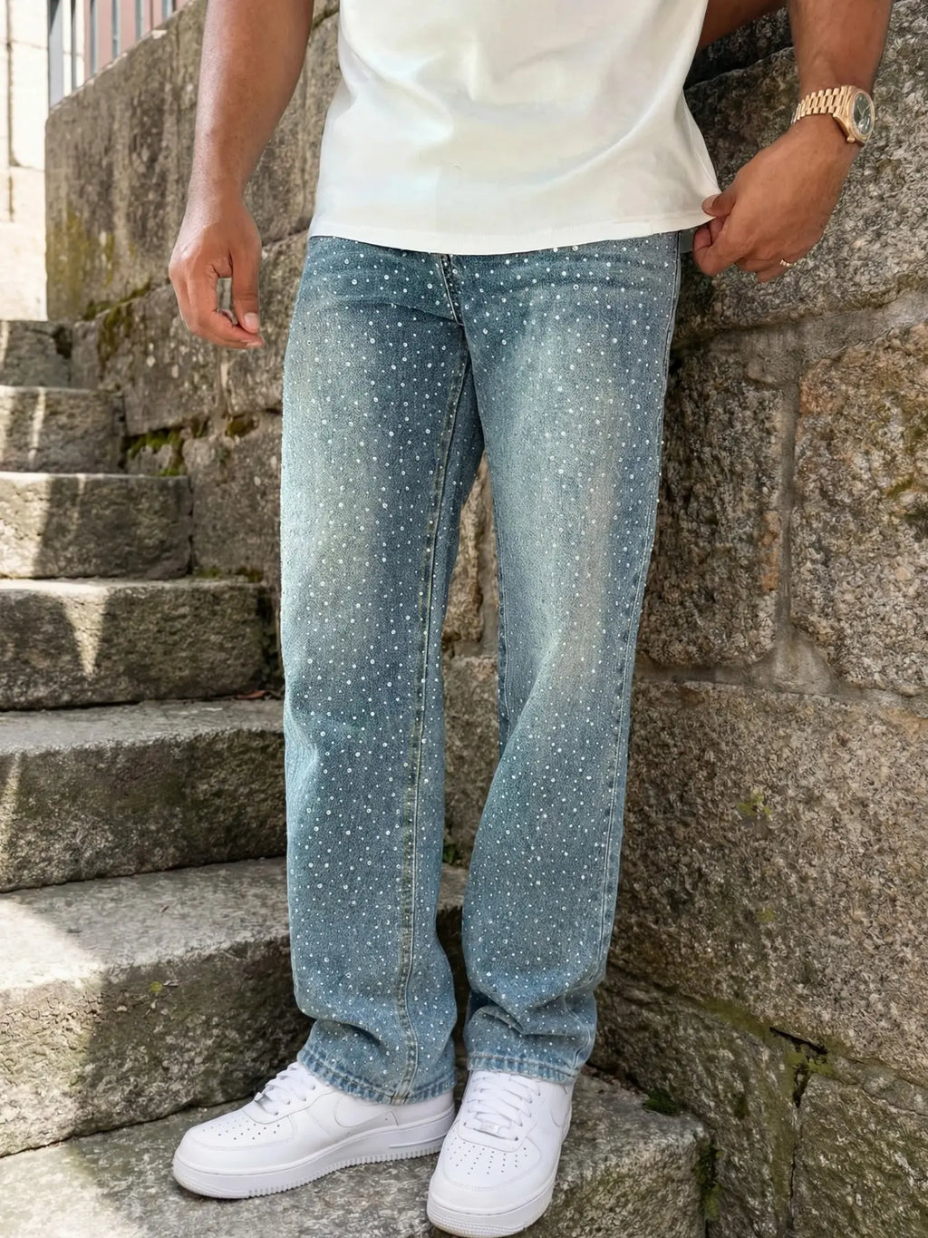 Men Light Blue Rhinestone Loose Jeans Bling Streetwear