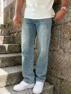 Men Light Blue Rhinestone Loose Jeans Bling Streetwear